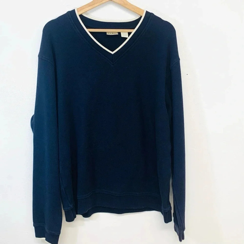 LL Bean V Neck Sweater Shirt Men Medium Tall Blue 100% Cotton Long Sleeve Preppy